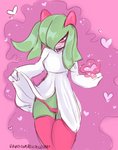 2019 absurd_res clothed clothing clothing_lift dress dress_lift female front_view generation_3_pokemon green_hair hair hair_over_eye heart_symbol hi_res humanoid kirlia legwear looking_at_viewer nintendo not_furry one_eye_obstructed panties pokemon pokemon_(species) pokemorph portrait rainbowsprinklesart solo thigh_highs three-quarter_portrait underwear