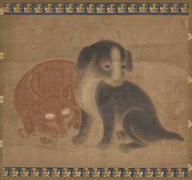 ambiguous_feral ambiguous_gender black_body digitigrade duo eyes_closed feral floppy_ears folded_ears looking_aside lying on_front orange_body paws quadruped resting simple_background sitting sleeping tail young young_ambiguous young_feral unknown_artist public_domain canid canine canis domestic_dog mammal 18th_century absurd_res ancient_art hi_res huge_filesize painting_(artwork) traditional_media_(artwork) traditional_painting_(artwork)