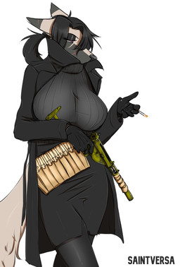 anthro big_breasts black_hair bottomwear breasts cigarette clothing coat female fur grey_body grey_fur grey_nose gun hair holding_cigarette holding_gun holding_object holding_ranged_weapon holding_weapon monotone_background monotone_hair multicolored_body multicolored_fur purple_eyes ranged_weapon scar simple_background skirt solo sweater text topwear trigger_discipline turtleneck two_tone_body two_tone_fur weapon white_background saintversa juniper_locke canid canine fox mammal red_fox silver_fox true_fox 2022 absurd_res artist_name colored digital_media_(artwork) hi_res portrait shaded three-quarter_portrait
