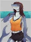 amber_eyes anthro breasts clothed clothing eyebrows eyelashes female furgonomics furry-specific_piercing looking_at_viewer navel non-mammal_breasts piercing solo tail tail_piercing sunkenshrines lucia_(lolzguy) fish marine shark 2019 digital_media_(artwork)