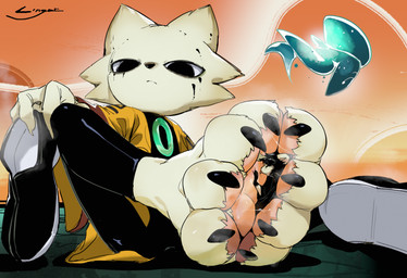 anthro bodily_fluids claws clothing crush duo extreme_size_difference facial_tuft feet foot_fetish foot_focus foot_lick footwear licking looking_down macro male micro musk musk_cloud musky_feet pawpads paws shoes shoes_removed size_difference sweat sweat_string toe_claws toes tongue tuft lowselfie nine_sols red_candle_games mystic_nymph_(nine_sols) yi_(nine_sols) felid feline mammal solarian hi_res signature