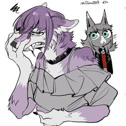 alternate_species anthro black_choker black_clothing black_jacket black_jewelry black_necklace black_topwear choker clothing duo female frilly frilly_clothing frilly_shirt frilly_topwear furrification jacket jewelry necklace off_shoulder_shirt paws shirt simple_background topwear white_background ggnn_(artist) bang_dream! nyamu_yuutenji umiri_yahata canid canine canis domestic_cat felid feline felis mammal wolf 1:1 hi_res