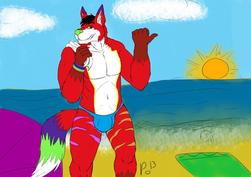 anthro beach black_eyebrows black_hair bulge clothed clothing cloud day dipstick_tail eyebrows fur green_eyes green_nose hair male markings multicolored_body multicolored_fur navel red_body red_fur seaside solo sparklefur speedo standing sun swimwear tail tail_markings towel youtuber unknown_artist majira_strawberry canid canine fox mammal