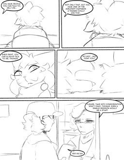 anthro bodily_fluids chair desk dialogue door duo female fidgeting furniture male nervous paper rear_view sweat sweatdrop table talking_to_another text spicykiwi nintendo pokemon thomas_(spicykiwi) tulip_(spicykiwi) floragato generation_9_pokemon human mammal pokemon_(species) absurd_res comic english_text hi_res monochrome story