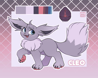 black_inner_ear blue_eyes border claws countershade_tail countershading female feral fluffy fluffy_tail fur genitals gradient_background grey_body grey_fur long_ears looking_back outline pawpads pink_pawpads simple_background solo standing tail text vulva pingpuxy nintendo pokemon cleo_(pingpuxy) fan_character eevee generation_1_pokemon pokemon_(species) shiny_pokemon 2026 digital_drawing_(artwork) digital_media_(artwork) hi_res model_sheet signature