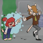aerosol_can anthro bolo_tie brown_hair clothing deodorant duo female hair hair_over_eye hair_over_eyes male overalls pink_hair smelly young brandothemeat cyberconnect2 fuga:_melodies_of_steel little_tail_bronx kyle_bavarois wappa_charlotte canid canine caninu canis domestic_cat domestic_dog felid feline felineko felis mammal 1:1 absurd_res hi_res