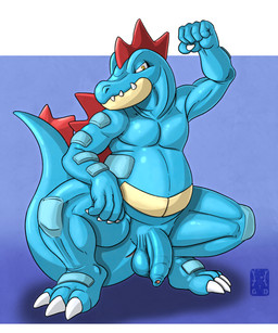 amber_eyes anthro anus balls belly blue_body border claws fangs flaccid flexing flexing_bicep foreskin genitals humanoid_genitalia looking_at_viewer male muscular pecs penis simple_background solo standing tail teeth white_border garo_(artist) nintendo pokemon feraligatr generation_2_pokemon pokemon_(species) 2026 5:6 absurd_res colored digital_media_(artwork) hi_res shaded