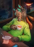 anthro beverage blue_eyes blue_hair blue_nose cafe cellphone chair clothing collar container cup cutlery dish ear_piercing electronics fur furniture green_clothing green_shirt green_topwear grey_body grey_fur grey_hair hair happy kitchen_utensils lights long_hair male phone piercing reflection road shirt smile solo spoon table tea_cup tools topwear window khornex ronin_viltarre_(nanaki_azakee) canid canine canis mammal wolf absurd_res hi_res smaller_version_at_source