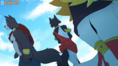 anthro armlet armor black_nose blue_eyes bottomwear bracelet brooch cape clothing cloud collar female fur grey_body grey_fur group hidden_face jewelry male necklace nipples pants pauldron piercing rear_view red_bottomwear red_clothing robe shirt sky time_skip topwear trio tunic white_body white_clothing white_fur soradezwolfox adastra adastra_(series) echo_project amicus_(adastra) cassius_(adastra) virginia_(adastra) canid canine canis mammal wolf 16:9 2024 hi_res widescreen sibling_(lore)