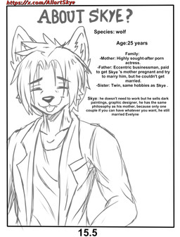anthro black_nose clothing eyes_closed information male solo text tongue tongue_out allartskye skye_(allartskye) canid canine canis mammal wolf comic english_text hi_res sketch url