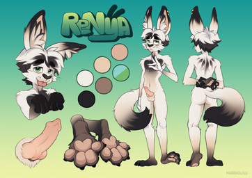 anthro black_body black_fur clothing crossed_arms ear_piercing ear_ring fluffy fluffy_tail front_view fur genitals gloves handwear heterochromia knot knotted_penis male nude pawpads paws penis piercing rear_view ring_piercing solo standing tail tongue tongue_out toony white_body white_fur marriouss renya_(character) hybrid lagomorph leporid mammal rabbit absurd_res digital_media_(artwork) hi_res model_sheet