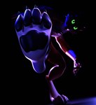 4_toes action_pose anthro big_feet black_background black_pawpads cheek_tuft claws digitigrade dramatic_lighting edge_lighting facial_tuft feet foot_fetish foot_focus glistening glistening_body glowing glowing_eyes green_eyes male night orange_body pawpads paws pose simple_background solo stepped_on toes tuft white_feet foxygrandpaa felid mammal 3d_(artwork) blender_(artwork) digital_media_(artwork) hi_res