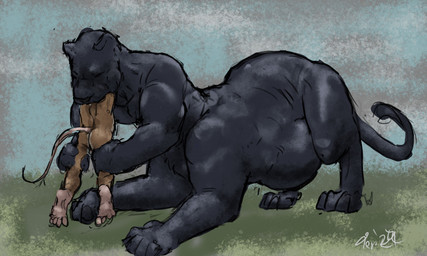 abdominal_bulge anthro belly big_belly black_body black_fur brown_body brown_fur butt duo eyes_closed feet forced fur grass green_grass head_first larger_pred male male/male male_pred male_prey multiple_prey nude nude_male nude_pred nude_prey oral_vore outside partially_inside plant size_difference sky tail text unwilling_prey vore white_text willing_pred jeri_kleinlowe felid mammal mouse murid murine pantherine rodent taur 2024 colored hi_res signature