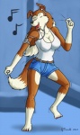 4_fingers 4_toes anthro belt big_breasts bottomwear breasts clothed clothing dancing electronics eyes_closed fangs feet female fingers floppy_ears fully_clothed hair headphones hotpants long_hair musical_note musical_symbol open_mouth shirt shorts snapping_fingers solo symbol t-shirt tail teeth toes topwear strikersa ipod_nano road_rovers colleen_(road_rovers) canid canine canis collie domestic_dog herding_dog mammal pastoral_dog rough_collie sheepdog 2013 digital_media_(artwork) signature