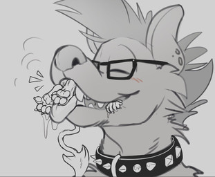 4_toes 5_fingers ambiguous_gender ambiguous_pred ambiguous_prey anthro barefoot biped black_collar blep blush bodily_fluids breath cheek_tuft claws collar cramped digitigrade dominant dominant_ambiguous dripping drooling duo extreme_size_difference eyes_closed eyewear facial_tuft fangs feet fingers fur fur_tuft glasses grey_background grey_body grey_fur hair head_first hindpaw in_mouth larger_ambiguous larger_anthro larger_pred long_tail lying mane mostly_nude neck_tuft nude on_front on_tongue oral_vore partially_inside pawpads paws restrained saliva saliva_drip short_hair side_view simple_background size_difference smaller_ambiguous smaller_anthro smile soft_vore spiked_collar spikes standing tail teeth thin_tail three-quarter_view toes tongue tongue_out tuft vore wet beherit deviltod zak_(zakfluff) canid canine demon fox hyena mammal 2020 bust_portrait digital_drawing_(artwork) digital_media_(artwork) greyscale monochrome portrait sketch
