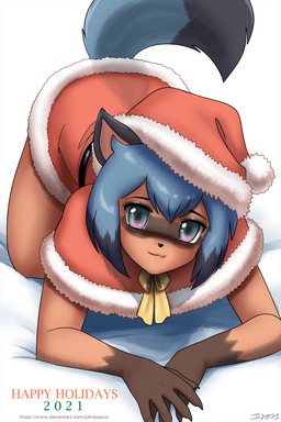 5_fingers anthro black_nose black_tail_tip blue_hair christmas_clothing christmas_headwear clothed clothing dipstick_tail eyelashes facial_markings female fingers gloves_(marking) hair hat head_markings headgear headwear holidays looking_at_viewer markings mask_(marking) multicolored_eyes multicolored_hair santa_hat smile solo tail tail_markings text two_tone_hair john_joseco brand_new_animal christmas studio_trigger michiru_kagemori canid canine mammal raccoon_dog tanuki 2021 2:3 english_text hi_res signature url