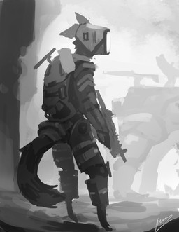 anthro armor backpack body_armor clothed clothing cybernetics gun holding_gun holding_object holding_ranged_weapon holding_weapon machine male outside ranged_weapon rifle solo standing weapon panzery25 canid canine canis cyborg mammal wolf 2017 greyscale hi_res monochrome signature