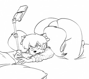 accessory aged_up all_fours anthro ass_up bed big_butt black_nose bottom_heavy bow_ribbon butt cellphone clothing electronics eyebrows eyelashes female furniture hair hair_accessory hair_bow hair_ribbon holding_selfie_stick huge_butt huge_hips long_hair looking_at_cellphone looking_at_object looking_at_phone open_mouth panties phone pigtails pillow ribbons selfie_stick shirt simple_background solo teeth thick_thighs topwear underwear white_background wide_hips necrolepsy disney goof_troop pistol_pete domestic_cat felid feline felis mammal 2026 monochrome