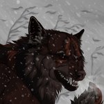 ambiguous_gender bared_teeth brown_body brown_eyes brown_fur brown_tail fangs feral fur grey_body grey_fur grey_tail outside red_tongue snow snowing solo tail teeth text tongue msdeadsoul canid canine mammal 1:1 2021 artist_name dated hi_res