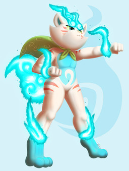 3_toes 4_fingers anthro arm_tuft blue_background blue_body blue_countershading blue_fur blue_inner_ear blue_pupils countershading featureless_crotch feet fingers fur green_body green_sclera leg_tuft looking_forward markings mouth_closed navel pupils red_markings simple_background solo standing toes tuft white_body white_fur wrist_tuft rodricoro asian_mythology east_asian_mythology japanese_mythology level-5 mythology yo-kai_watch komane canid canine canis domestic_dog foo_dog komainu mammal yokai absurd_res hi_res signature