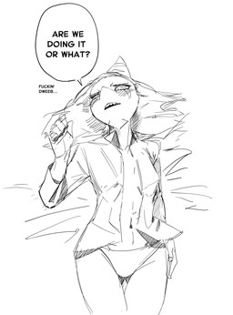 anthro bedding biped bird's-eye_view blush bone_frill clothed clothed_anthro clothed_female clothing dialogue female fingers frill_(anatomy) hair high-angle_view humanoid_hands insult insulting_viewer inviting jacket long_hair looking_at_viewer looking_up lying markings navel on_back open_clothing open_jacket open_mouth open_topwear panties profanity solo speech_bubble striped_markings stripes talking_to_viewer teeth text topwear underwear miscuitsxd cavemanon_studios goodbye_volcano_high ko_op_(game_developer) snoot_game fang_(gvh) prehistoric_species pterosaur reptile scalie absurd_res english_text greyscale hi_res monochrome sketch