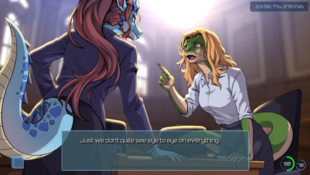 amber_eyes anthro blonde_hair blue_body blue_scales bottomwear breasts chair clothing collared_shirt desk dress_shirt duo female furniture game_ui gesture green_body green_scales hair hand_gesture non-mammal_breasts pointing red_hair scales shirt skirt table tail topwear murchie drone_commander mythology cynthia_(drone_commander) deratonin draconian_(species) dragon lizard mythological_creature mythological_scalie reptile scalie hi_res
