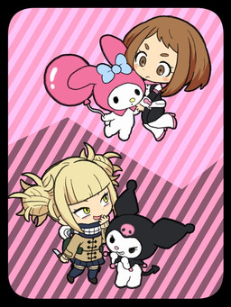 anime_style anthro balloon bangs black_bodysuit black_border black_bottomwear black_clothing black_footwear black_hood black_shoes black_skinsuit black_skirt black_socks blonde_hair blue_bow blunt_bangs bodysuit boots border bottomwear bow_accessory bow_ribbon brown_clothing brown_coat brown_eyes brown_hair brown_topwear chibi clothing coat dot_eyes double_bun ear_up eyebrows eyelashes female footwear grin group hair hair_bun halftone_background hand_to_own_mouth holding_balloon holding_knife holding_object hood inflatable knife light_frown medium_hair messy_hair mischievous mouth_closed multicolored_bodysuit multicolored_clothing multicolored_skinsuit open_mouth pattern_background pink_background pink_balloon pink_hood pleated_skirt shoes simple_background simple_eyes skinsuit skirt skull_ornament smile socks spade_tail striped_background superhero_costume tail teeth thick_eyebrows tight_clothing topwear white_body white_bodysuit white_boots white_clothing white_footwear white_skinsuit yellow_eyes yellow_nose hk_(nt) my_hero_academia onegai_my_melody sanrio kuromi my_melody ochaco_uraraka toga_himiko demon human lagomorph leporid mammal rabbit 2019 3:4 crossover halftone