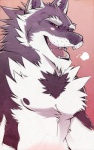 abstract_background anthro black_nose chest_tuft countershading eyes_closed fur laugh male muscular muscular_anthro muscular_male nipples pecs red_eyes simple_background solo teeth tuft aluminemsiren bcokami orion_(aluminemsiren) canid canine canis mammal wolf greyscale half-length_portrait monochrome portrait sketch