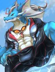 abs anthro blue_body blue_scales bottomwear bulge clothing detailed_bulge fin hair male muscular muscular_anthro muscular_male pecs red_eyes scales scar shorts solo tail water white_hair humukeaka1 marbles_(pixiv) lifewonders live_a_hero mythology hydoor dragon mythological_creature mythological_scalie scalie hi_res