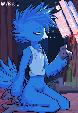 anthro beak bed bottomless bubble clothed clothing crop_top drunk drunk_bubble feet female flat_chested furniture kneeling on_bed shirt sleeveless_shirt solo substance_intoxication talons toes topwear virteil tilly_(virteil) avian bird aliasing digital_media_(artwork)