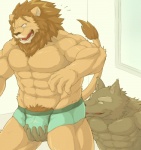 abs anthro anthro_on_anthro biceps briefs bulge clothed clothing duo fur grabbing_from_behind grope male muscular muscular_male pecs pubes skimpy topless underwear wildheit canid canine canis felid lion mammal pantherine wolf digital_media_(artwork)