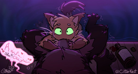 3_toes 4_fingers alcohol_bottle ambiguous_gender anthro bean_eyebrows biped bottle brown_body brown_fur claws container curling_toes dialogue digit_ring digitigrade drunk duo erection feet fingers fluffy fluffy_chest fur genitals green_eyes hand_on_penis jewelry looking_at_viewer male male/ambiguous oral orange_body orange_fur partially_submerged paws penis penis_in_mouth pier ring scar size_difference slurred_speech speech_bubble spilled_drink substance_intoxication tail tail_motion tailwag text toe_ring toes water whiskers critternest captain_roarke condor_(critternest) domestic_cat felid feline felis mammal digital_drawing_(artwork) digital_media_(artwork) english_text hi_res