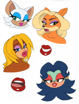 anthro black_nose blonde_hair blue_eyes blue_eyeshadow blue_hair brown_body brown_eyes brown_fur ear_piercing eyelashes eyeshadow female fur green_body green_eyes green_fur group hair lips lipstick long_hair looking_at_viewer makeup orange_body orange_fur piercing pink_lipstick purple_eyeshadow red_eyeshadow red_lipstick simple_background tan_body tan_fur thick_lips white_background white_body white_fur omegasunburst activision crash_bandicoot_(series) donkey_kong_(series) nintendo sega sonic_the_hedgehog_(series) breezie_the_hedgehog candy_kong rouge_the_bat tawna_bandicoot bandicoot bat eulipotyphlan haplorhine hedgehog kong mammal marsupial monkey primate 2023 absurd_res hi_res