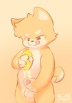 anthro balls bodily_fluids erection fingers food fruit fur genitals holding_food holding_fruit holding_object humor lemon male nude penis pink_penis plant simple_background slightly_chubby slightly_chubby_anthro slightly_chubby_male smile solo squeezing tongue tongue_out yellow_body young young_anthro young_male kai_oshima canid canine canis domestic_dog mammal hi_res