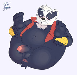 anthro anus balls blue_eyes blush bottomless clothed clothing genitals humanoid_genitalia humanoid_penis male penis solo bluedomstar bradley_the_badger badger mammal mustelid musteline absurd_res hi_res
