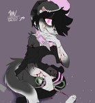 anthro black_hair blood blood_drip blood_on_arm blood_on_ground blood_on_hand blood_on_leg blood_on_object blood_on_scissors bodily_fluids clothing collar crying dripping drugs ear_piercing facial_piercing fangs female footwear hair hat headgear headwear holding_object nose_piercing oversized_clothing oversized_topwear piercing pills purple_eyes saliva scissors self-harm septum_piercing sharp_teeth shirt snot socks solo spiked_collar spikes spiral_eyes tears teeth topwear undershirt vent_art wearing_hat wounded worthlessnarcissist karina_(worthlessnarcissist) border_collie canid canine canis collie domestic_dog herding_dog mammal pastoral_dog sheepdog hi_res
