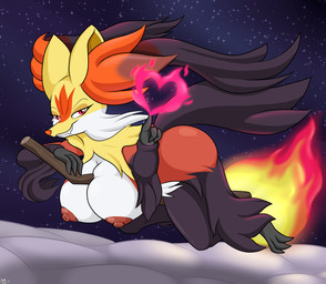 anthro anthrofied areola big_breasts breasts broom butt cleaning_tool female fire flying flying_broom fur inner_ear_fluff looking_at_viewer night nipples nude pokemorph red_areola red_nipples smile solo thick_thighs tuft wide_hips yellow_body yellow_fur novaspark nintendo pokemon pokemon_legends_z-a canid canine generation_9_pokemon mammal mega_delphox mega_evolution pokemon_(species) 2025 digital_media_(artwork) hi_res