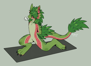 3_toes ambiguous_anthro ambiguous_gender anthro breath claws closed_smile dark_claws eyes_closed feet fur green_body green_claws green_fur green_hair green_stripes green_tail_tuft grey_background hair hands_behind_back mouth_closed multicolored_body multicolored_fur nude_ambiguous nude_anthro red_body red_fur simple_background smile solo stripes tail tail_tuft tan_body tan_fur text toes tuft watermelon_fur yoga yoga_mat birdpaw_(artist) reptile scalie 2025 artist_name digital_drawing_(artwork) digital_media_(artwork) full-length_portrait hi_res portrait