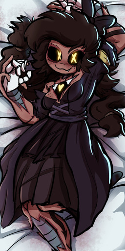 4_hands :3 arm_above_head arm_over_head arm_tattoo armband bare_shoulders bed bedroom_eyes big_breasts black_body black_clothing black_dress black_footwear black_hair black_high_heels black_sclera blood blush bodily_fluids bow_ribbon breasts brown_body brown_hair brown_skin clothing corpse corset crossed_legs cute_fangs dakimakura directional_arrow disguise dress earless fangs female flirting flirting_with_viewer footwear freckled_breasts freckled_face freckled_shoulders freckles furniture glowing glowing_eyes grey_body hair heart_symbol high_heels leg_tattoo lines_on_body lingerie long_hair looking_at_viewer lying lying_on_bed machine metal metallic_body multi_hand narrowed_eyes noseless on_back on_bed pigtails scar scars_all_over screen screen_face seam_(sewing) seductive segmented_body sharp_teeth shoes simple_background skinsuit smile solo stitch_(sewing) surgical_suture tattoo teeth text thick_thighs tight_clothing topwear twintails_(hairstyle) unusual_anatomy white_body wide_hips x_eyes yellow_armband yellow_eyes diddlydooter1 glitch_productions murder_drones cyn_(murder_drones) tessa_(murder_drones) eldritch_abomination human humanoid mammal patchwork_creature robot robot_humanoid undead worker_drone zombie absurd_res artist_name dakimakura_design digital_drawing_(artwork) digital_media_(artwork) hi_res signature