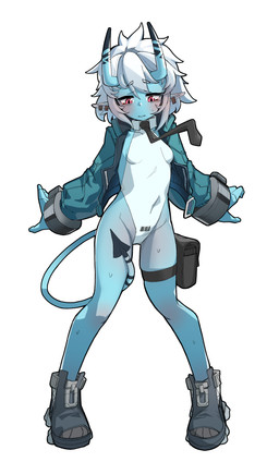 2_horns blue_body blue_skin blush breasts clothed clothing ear_piercing ear_ring female footwear horn humanoid_pointy_ears jacket leotard piercing pointy_ears red_eyes ring_piercing shoes simple_background skimpy small_breasts solo spade_tail tail topwear white_background young young_female young_humanoid dthmns asian_mythology east_asian_mythology japanese_mythology mihoyo mythology zenless_zone_zero soukaku demon humanoid oni yokai 2024 absurd_res full-length_portrait hi_res portrait
