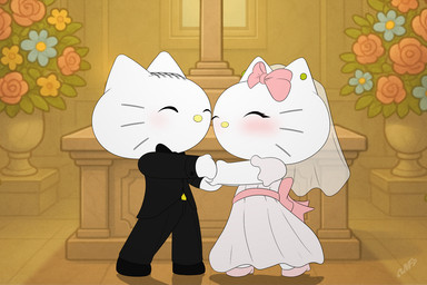 accessory anthro biped black_clothing black_suit blush bow_ribbon clothed clothing dress duo eyes_closed female fur hair_accessory hair_bow hair_ribbon hand_holding inside male pink_clothing pink_dress ribbons side_view standing suit wedding wedding_dress wedding_veil whiskers white_body white_fur yellow_nose miniferu hello_kitty_(series) sanrio dear_daniel hello_kitty_(character) domestic_cat felid feline felis mammal 2025 3:2