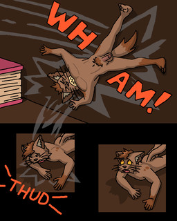 anthro balls book clenched_teeth falling fangs feet genitals humanoid_genitalia humanoid_penis impact male micro muscular nude pain pecs penis scared solo tail teeth text torn_ear whiskers myaxy domestic_cat felid feline felis mammal 4:5 absurd_res comic hi_res