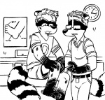 anthro clothed clothing duo eyewear feet fluffy fluffy_tail fully_clothed glasses hindpaw male paws ring sport tail topwear vest wounded young vasuki carper_(vasuki) neil_(character) mammal procyonid raccoon black_and_white monochrome father_(lore) father_and_child_(lore) father_and_son_(lore) parent_(lore) parent_and_child_(lore) parent_and_son_(lore) son_(lore)