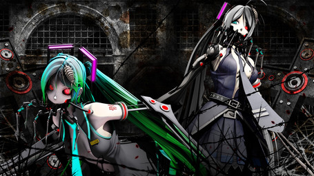 arm_tattoo barbed_wire belt blue_eyes blue_necktie bottomwear claws clothing cosplay duo female glowing glowing_eyes green_hair grey_hair grey_necktie hair heterochromia horror_(theme) long_hair looking_at_another looking_at_viewer machine mechanical_arm necktie pleated_skirt red_eyes rust skirt speaker square_crossover tattoo twintails_(hairstyle) deino_(artist) vocaloid calne_ca hatsune_miku nato-kun arthropod crustacean humanoid isopod malacostracan robot robot_humanoid 16:9 2012 3d_(artwork) autodesk_3ds_max_(artwork) dark_theme digital_media_(artwork) widescreen