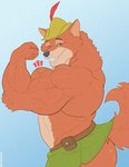 anthro barazoku belt biceps big_biceps big_muscles blue_background bottomwear claws clothed clothing deltoids emanata eyebrows flexing flexing_bicep fur hat headgear headwear huge_muscles looking_at_viewer male manly muscular muscular_anthro muscular_male pouch_(clothing) red_eyes side_view simple_background skirt smile solo standing teeth topless topless_anthro topless_male triceps tuft vein tylerstark disney robin_hood_(disney) robin_hood canid canine fox mammal red_fox true_fox 2023 absurd_res hi_res