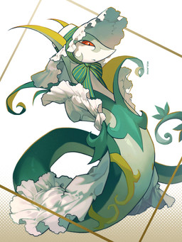abstract_background ambiguous_feral ambiguous_gender clothed clothed_ambiguous clothed_feral clothing feral furgonomic_headwear furgonomics glistening glistening_eyes green_body hat headgear headwear legless mouth_closed multicolored_body pupils red_eyes serpentine slit_pupils snout solo tail text white_body white_clothing white_hat white_headwear white_sclera yellow_body milo_mong nintendo pokemon generation_5_pokemon pokemon_(species) serperior 2026 3:4 artist_name digital_media_(artwork) full-length_portrait hi_res portrait shaded