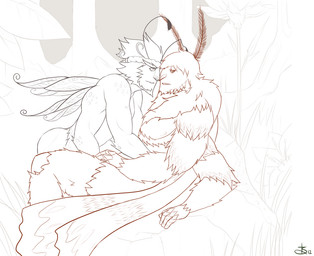 accessory antennae_(anatomy) beard butt duo facial_hair fur hair headband insect_wings male male/male multi_arm multi_limb muscular nipples nude romantic romantic_couple wings sablechan unafkennyart arthropod insect lepidopteran moth line_art
