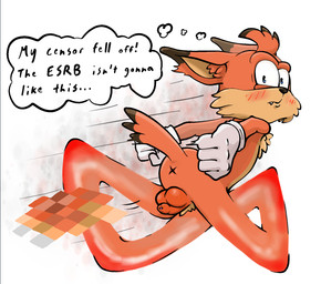 4_fingers anthro anus balls black_nose blue_eyes cheek_tuft chest_tuft clothing embarrassed eyebrow_ridge facial_tuft fingers fist foreskin fur genitals gloves gloves_only handwear handwear_only ineffective_censorship inner_ear_fluff looking_back male mostly_nude motion_lines orange_body orange_fur penis pubes running solo speed_lines tail teeth text thought_bubble tuft x_anus half_dime bubsy_(series) bubsy_4d bubsy_bobcat bobcat felid feline lynx mammal censored hi_res mosaic_censorship