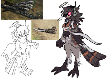 ambiguous_gender anthro biped brown_body brown_claws brown_feathers brown_feet brown_tail brown_wings claws electronics feathers feet gzpxllztt halo headphones raised_wings red_eyes scarf solo standing tail wings avian bird nightjar