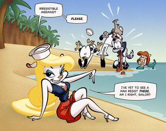 anthro arms_over_breasts beach big_eyes blonde_hair blue_clothing blue_topwear bottomwear breasts catcall cleavage clothed clothing crossed_arms dialogue female footwear fully_clothed fur group hair hat headgear headwear high_heels howl jaw_drop male presenting_legs red_bottomwear red_clothing red_hair red_skirt sailor_cap sailor_uniform sea shoes skirt speech_bubble split_form tan_body topless topless_female topwear water white_body white_fur stanmort animaniacs warner_brothers minerva_mink mammal marine merfolk mink mustelid musteline true_musteline